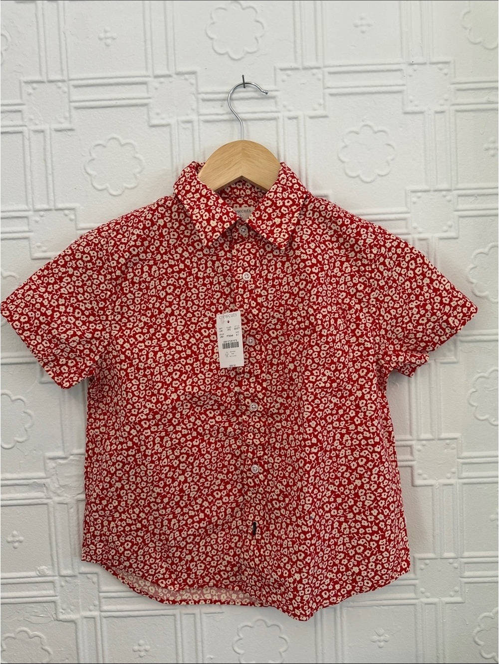 Crewcuts J Crew Boys Red Floral Short Sleeve Button Down Shirt NWT Size 6-7